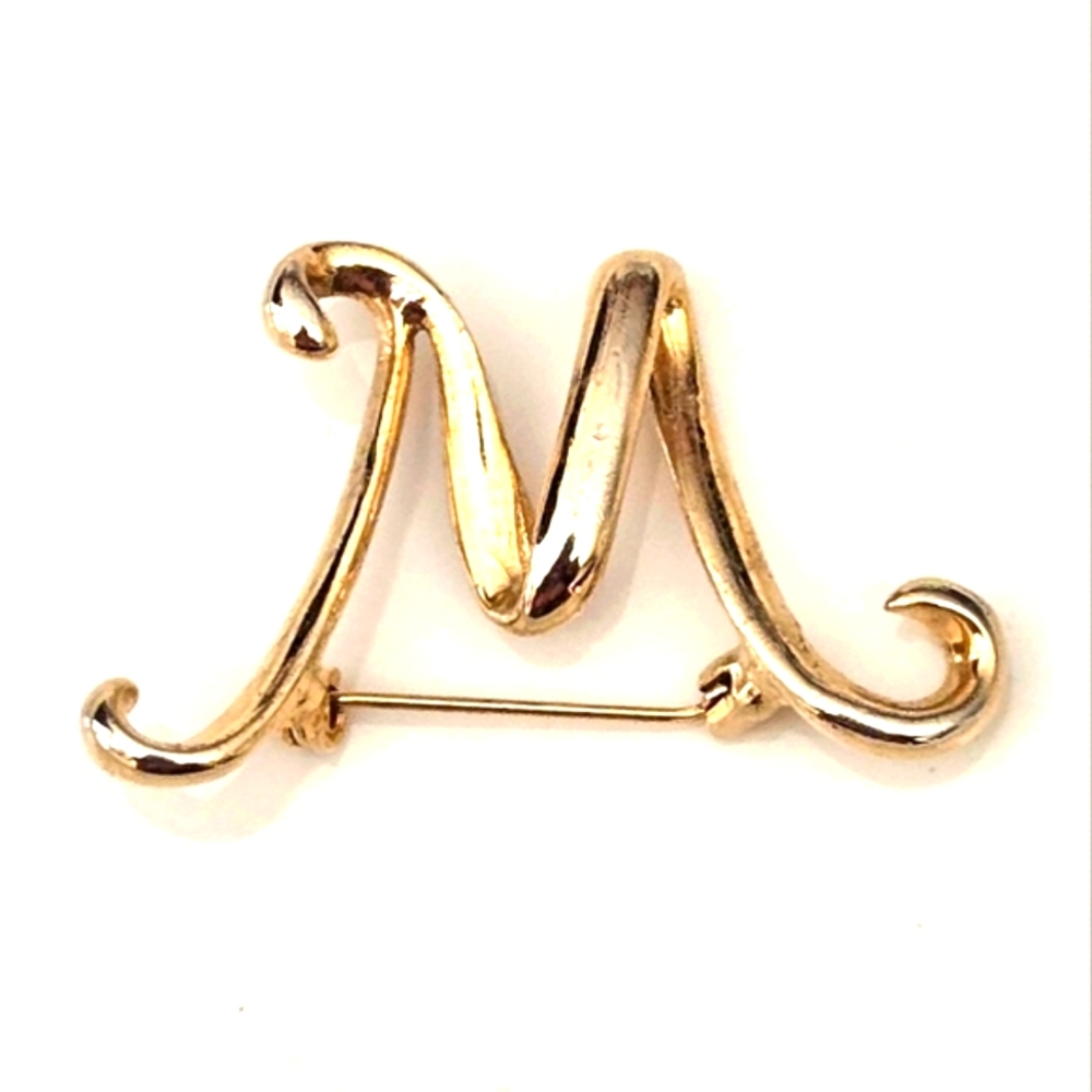 Gold Script Letter M Initial Brooch Pin Signed AK Vintage Monogram
